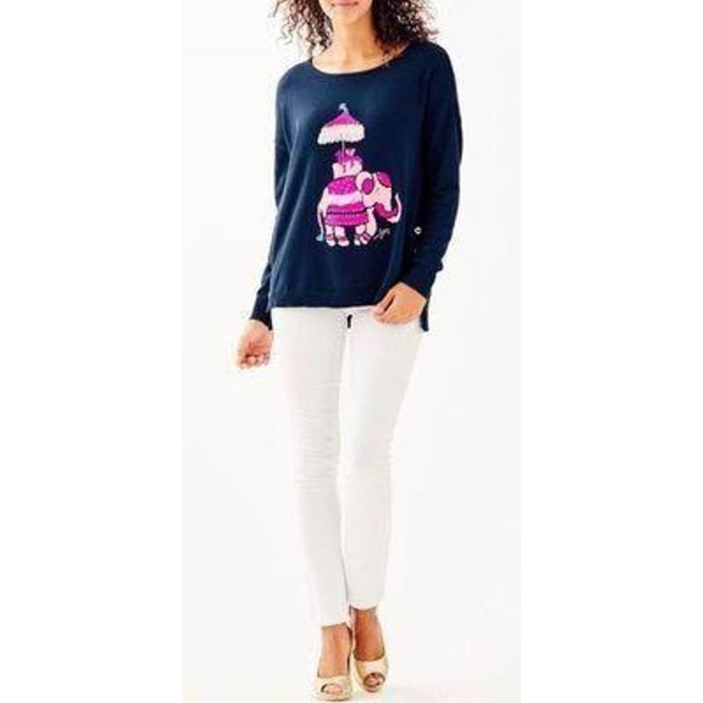 lilly pulitzer Caralynn Elephant Sweater knit buttons tassel crew neck size S